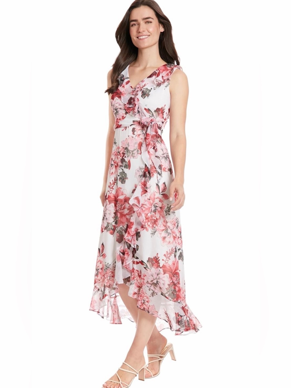 NWT London Times White Floral Wrap High-Low Dress with Pink Blooms, 8